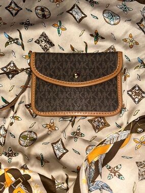 Michael Kors Brown MK Logo Wristlet with Tan Trim